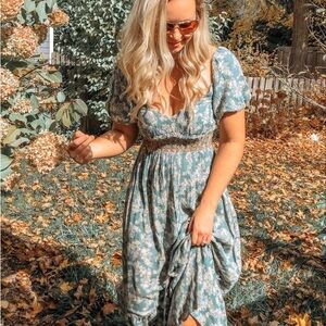 Free People Ellie Teal Floral Midi Dress- XS